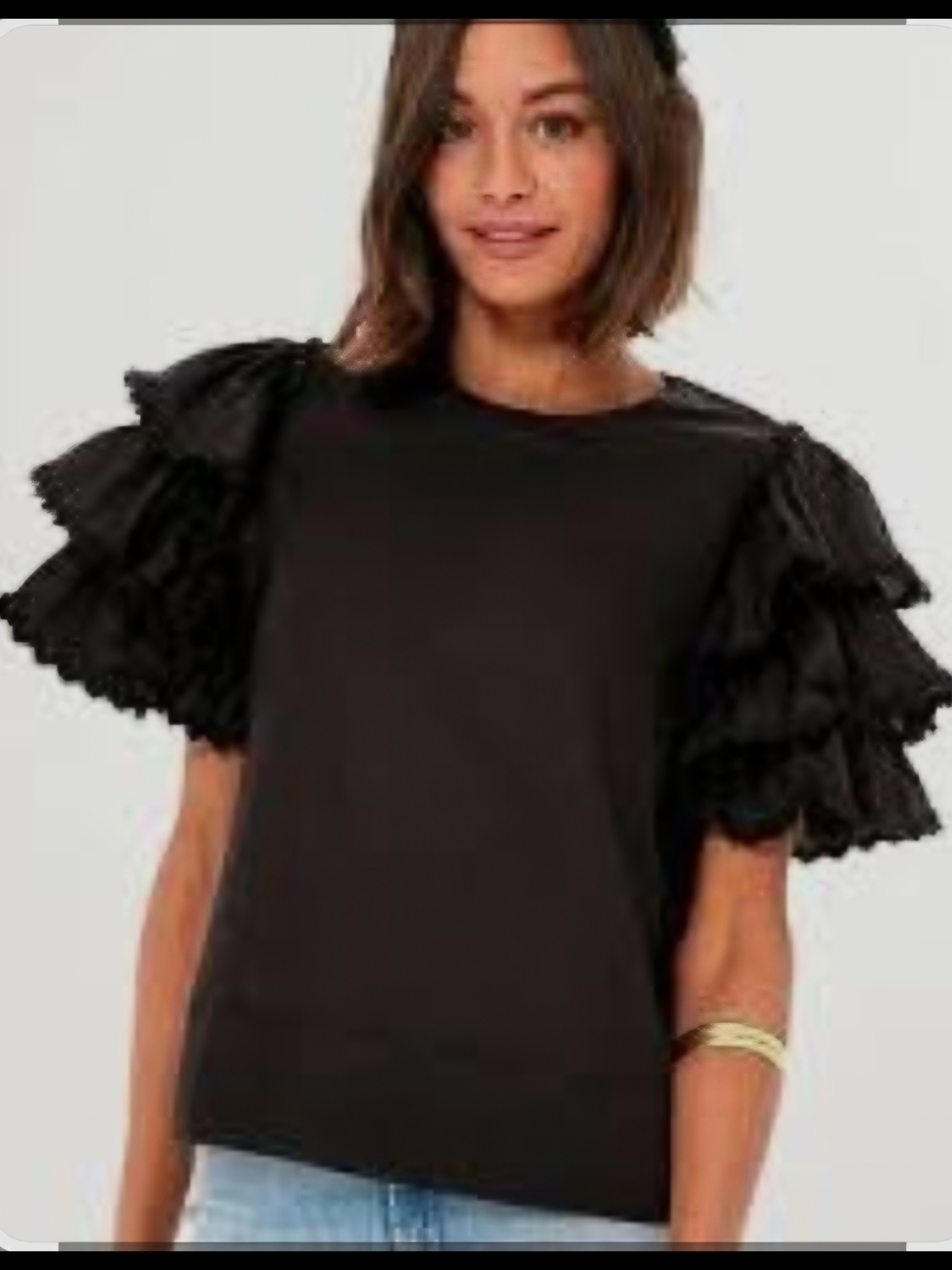 Harshman Juliette Black Ruffle Sleeve Blouse with Tiered Puff Shoulders